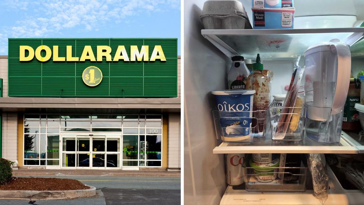 The outside of a Dollarama store. Right: Sarah's fridge organized with plastic bins.