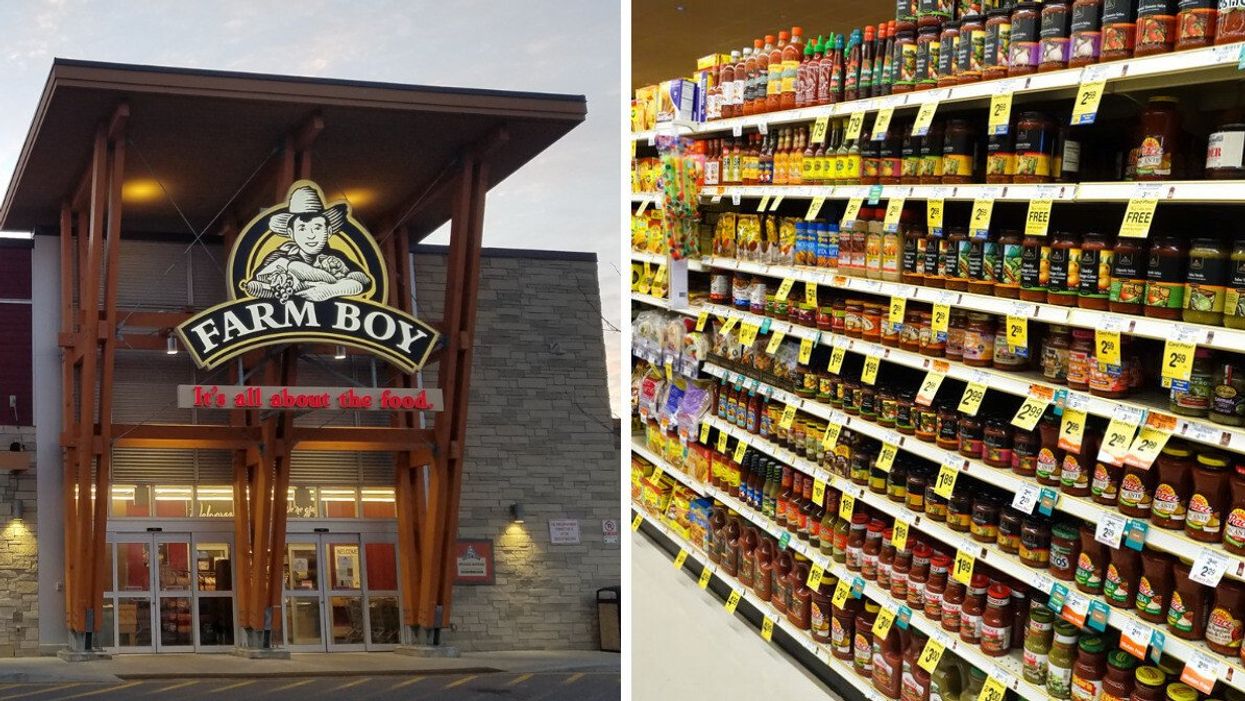The outside of a Farm Boy. Right: An aisle of a grocery store.