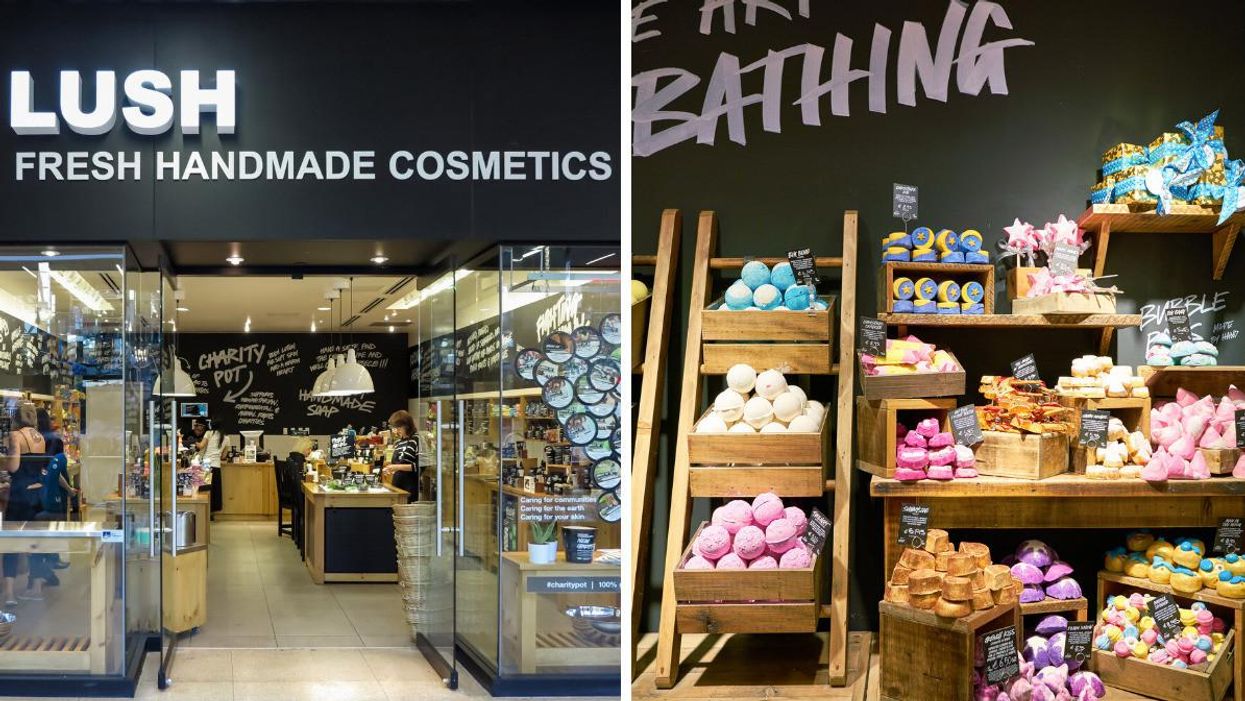 The outside of a Lush store. Right: Lush bath bombs.