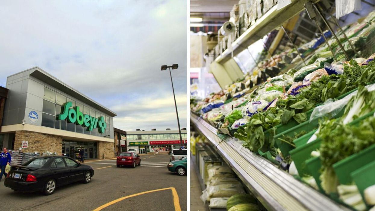 The outside of a Sobeys. Right: Produce section at a supermarket.