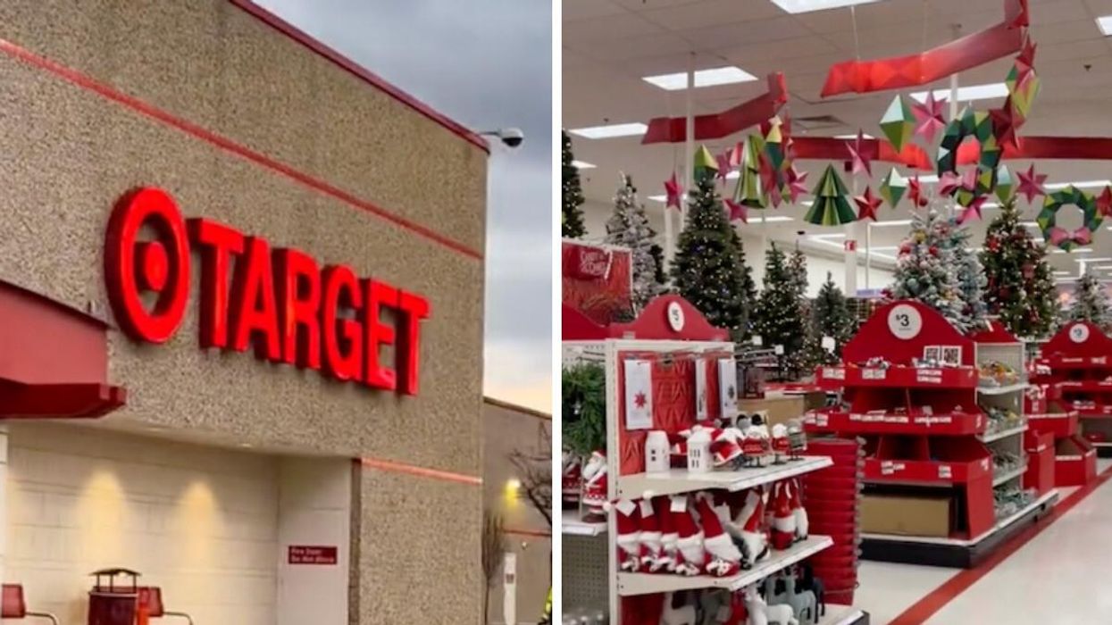 The outside of a Target in Michigan. Right: Christmas goods inside a Target.