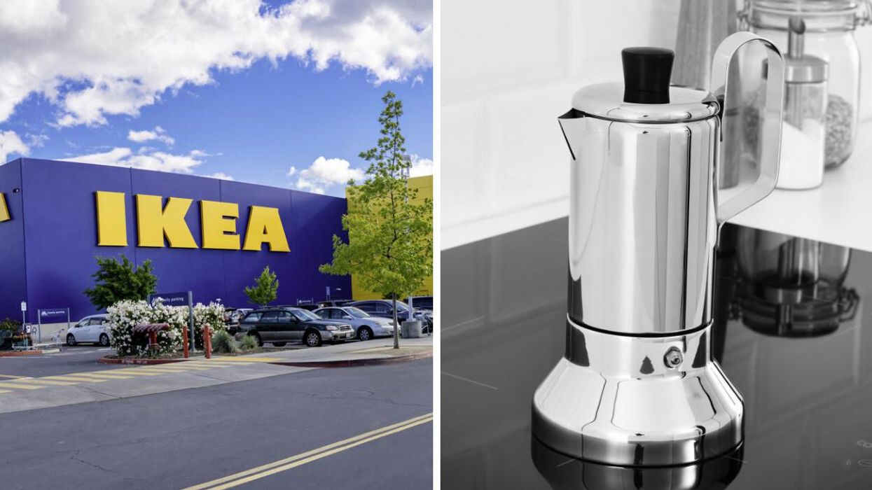 The outside of an IKEA. Right: The METALLISK espresso maker.