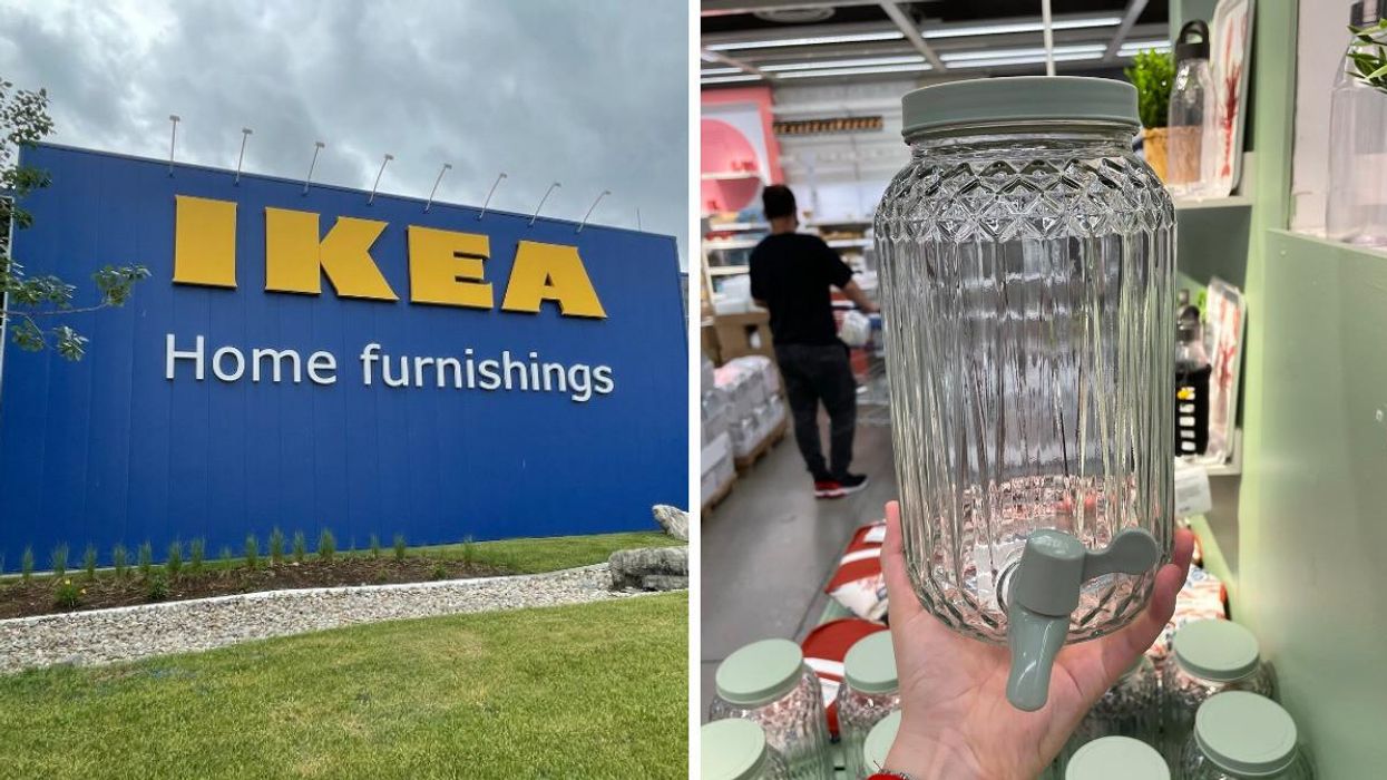 The outside of an IKEA. Right: The SOMMARFLÄDER drink dispenser.