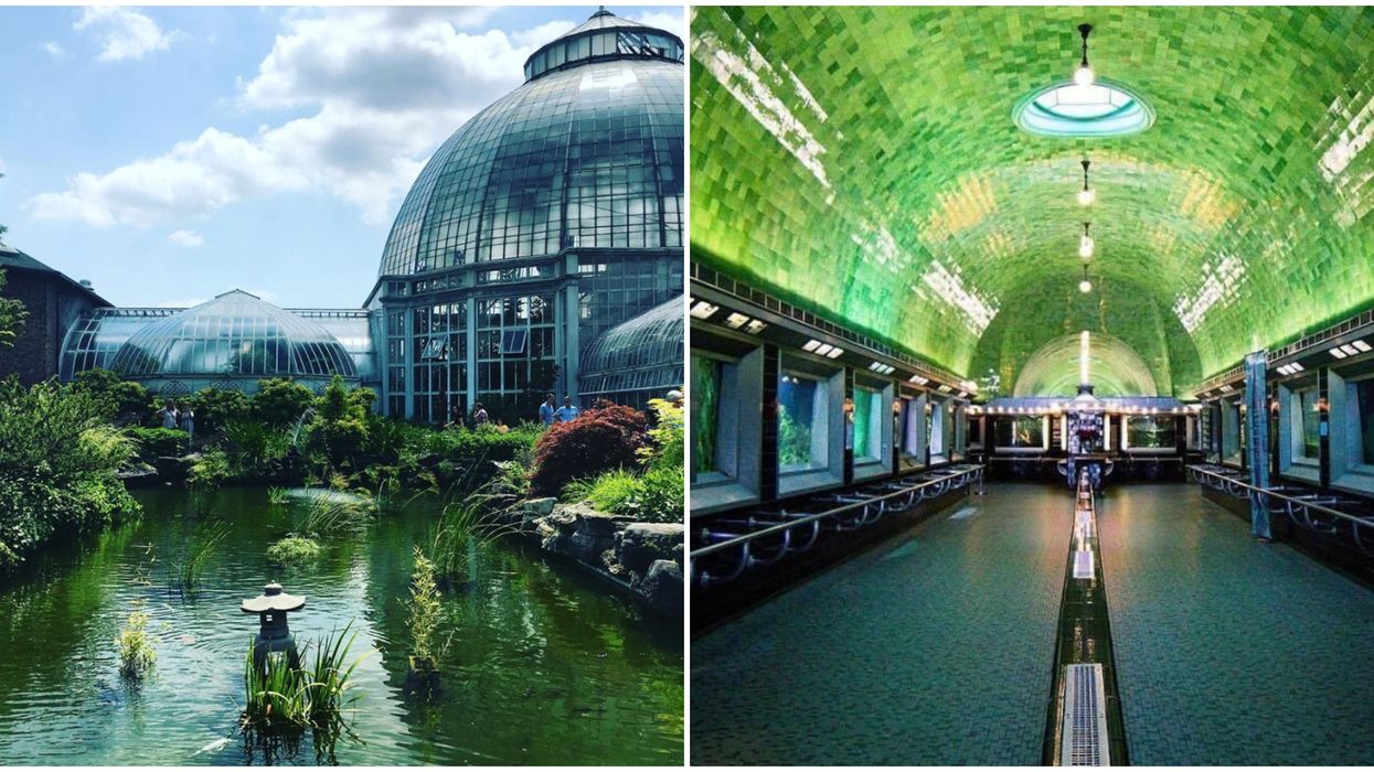 The outside of Belle Isle Aquarium In Detroit, MI. Right: Inside Belle Isle Aquarium, the oldest in the United States.