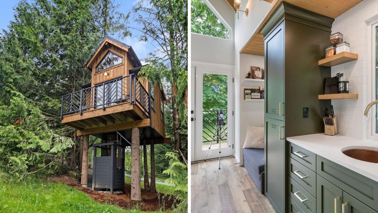 The outside of the Designer Treehouse on Airbnb. Right: The inside of the Designer Treehouse.