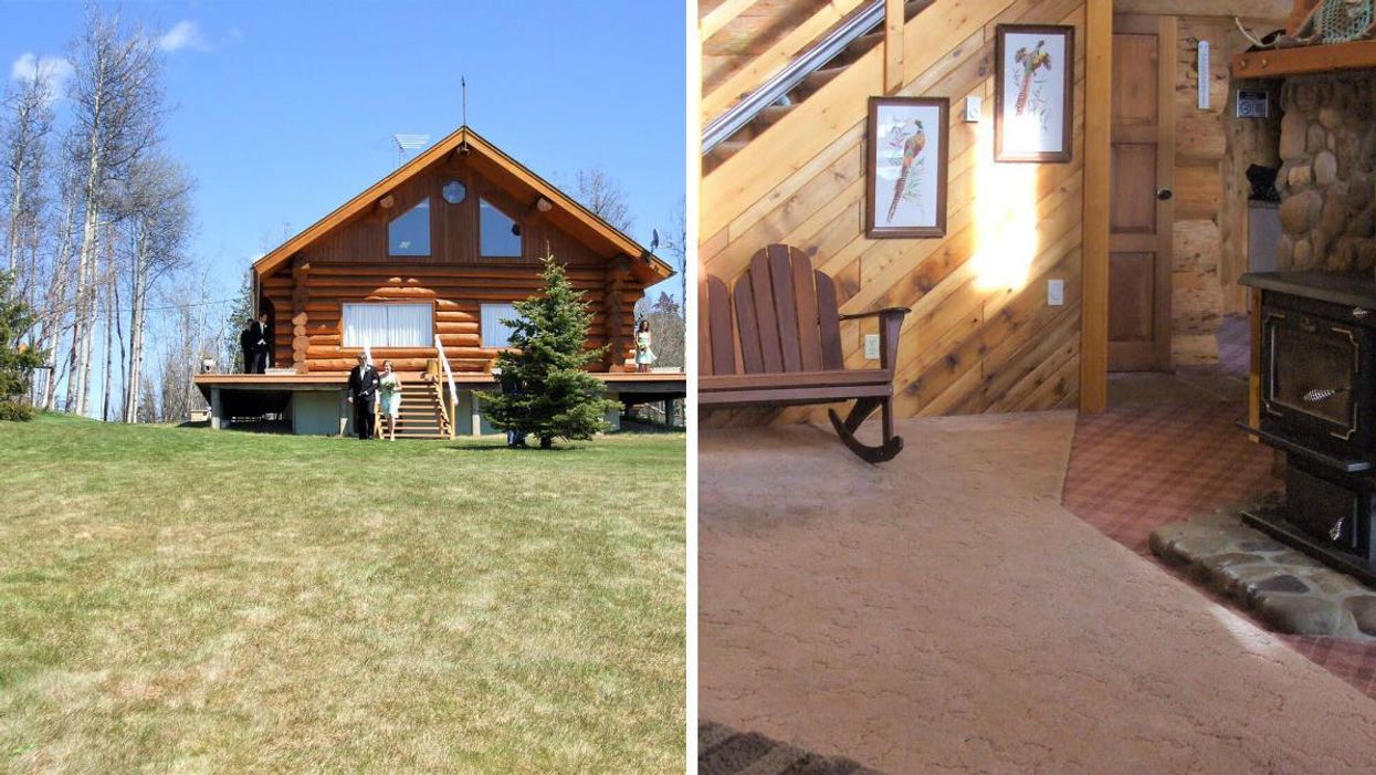 The outside of the log home. Right: The living room of the log home.