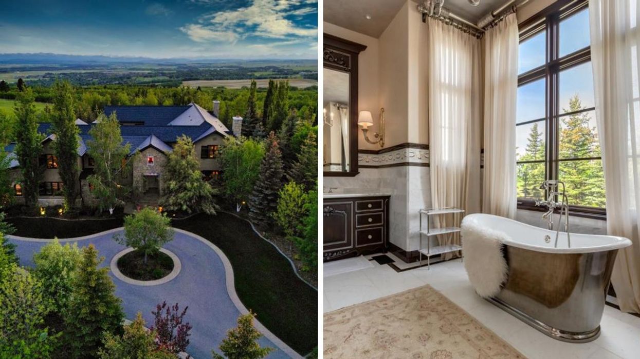 The outside of the Pinnacle Ridge mansion. Right: A bathroom.