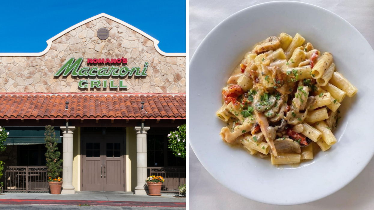 The outside view of Romano's Macaroni Grill. Right: A pasta dish from Romano's Macaroni Grill.
