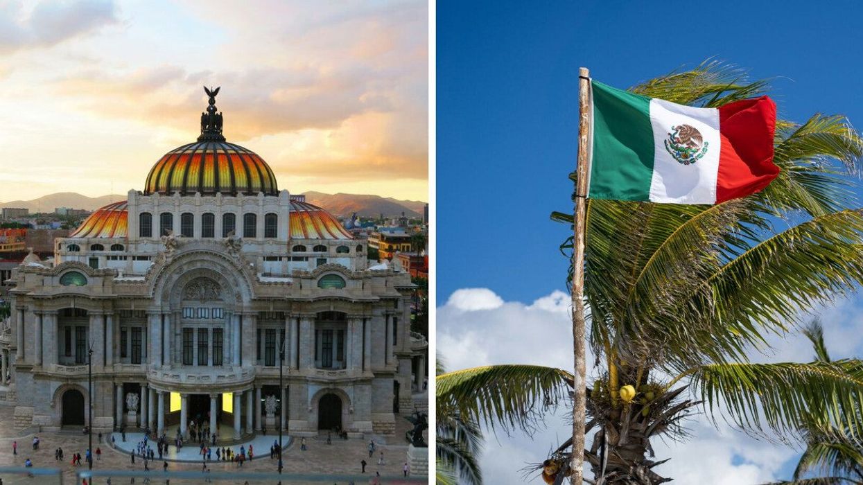 The Palacio de Bellas Artes in Mexico. Right: The Mexican flag.