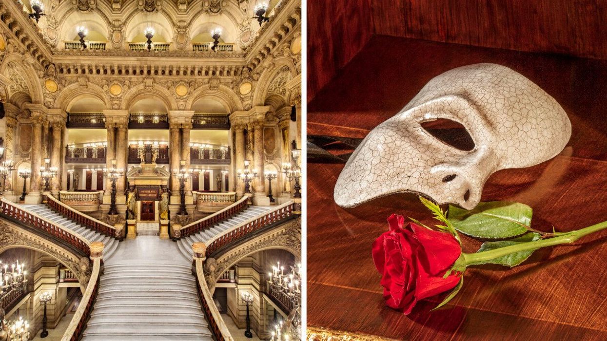 The Palais Garnier Opera House. Right: A 'Phanton of the Opera' mask.
