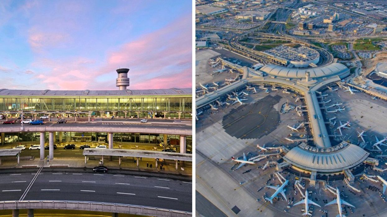 The parking area of Toronto Pearson Airport. Right: Planes are viewed from above parked at Toronto Pearson Airport.