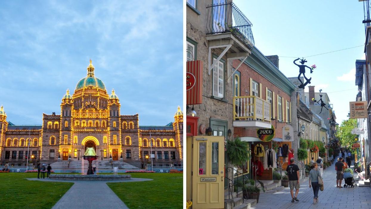The Parliament building in Victoria, B.C. Right: Rue du Petit Champlain in Quebec City.