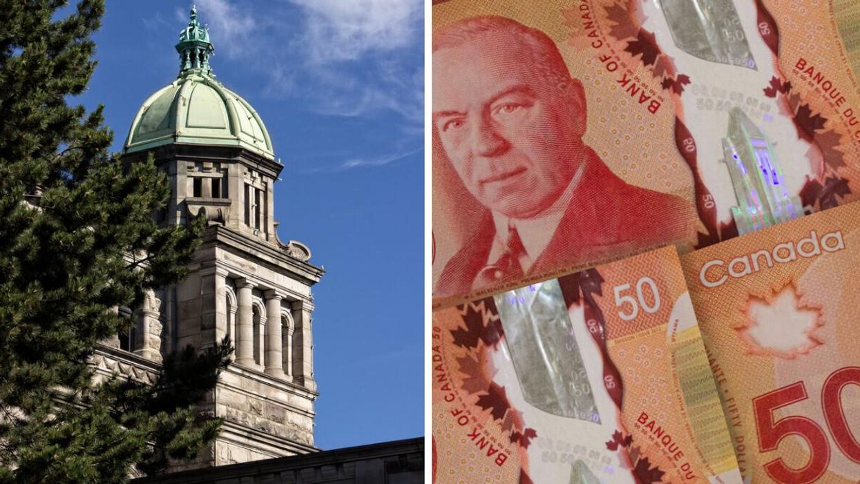 The Parliament Buildings in Victoria, B.C. Right: Canadian money.