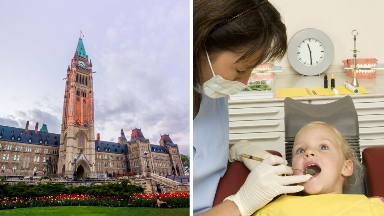 The Parliament of Canada. Right: A child at a dentist's office.
