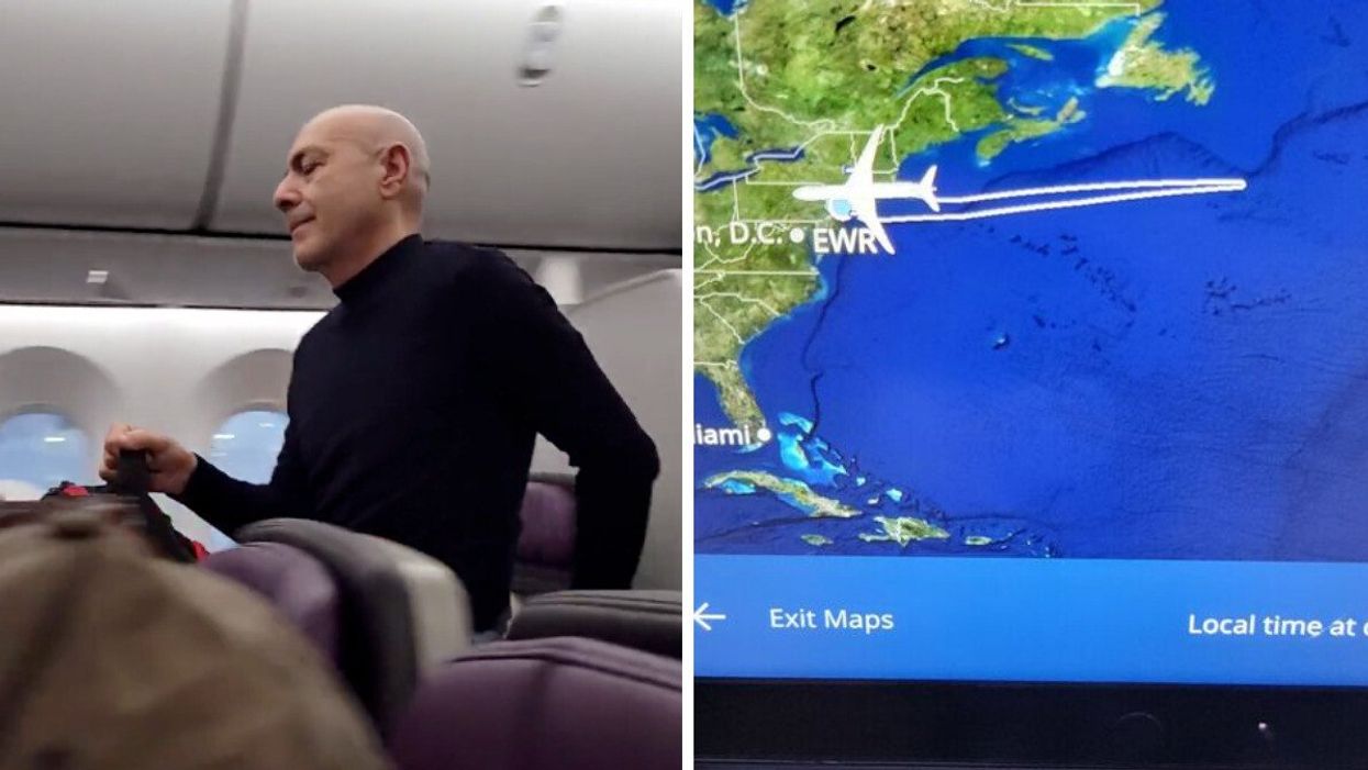 The passenger being escorted off the flight. Right: The screen on the flight showing the plane turning back.