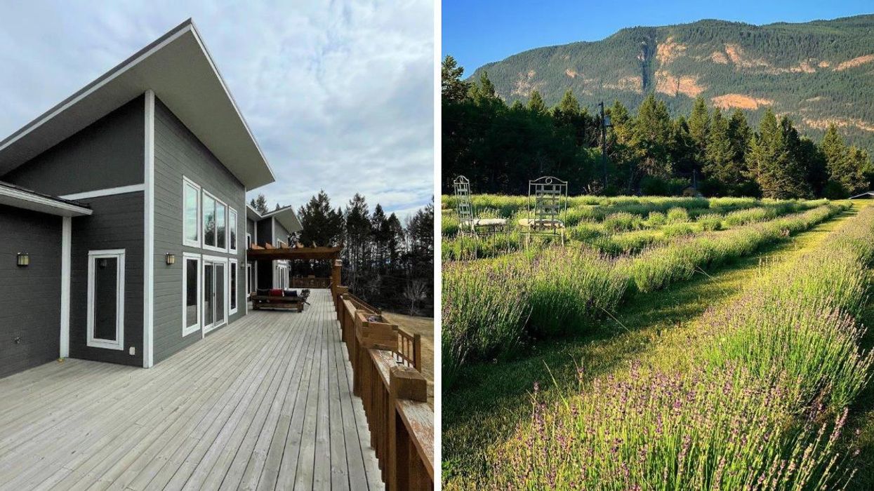 The patio of a grey farm house for sale in B.C.. Right: Lavender field at the house for sale in B.C..