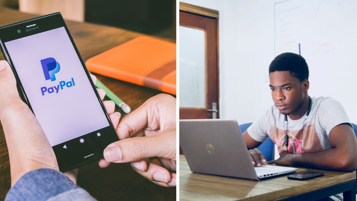 The PayPal app on a phone. Right: A man working on a laptop.