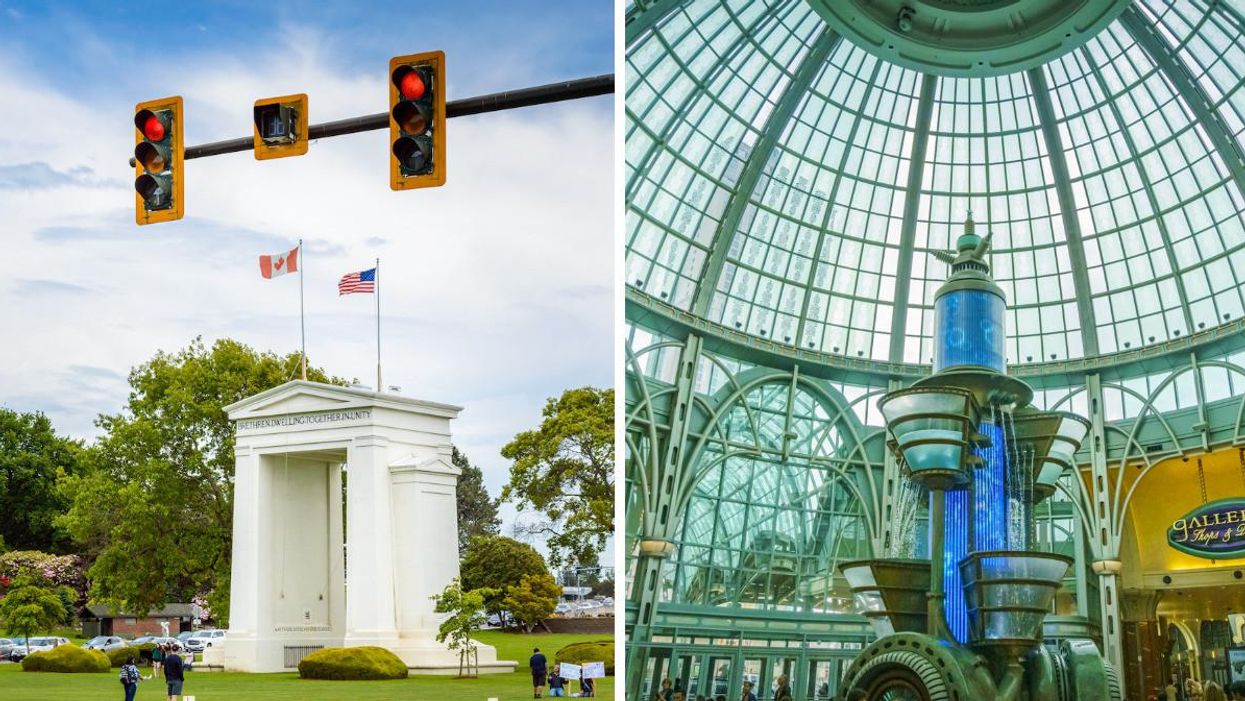 The Peace Arch Monument at the Canada-U.S. border. Right: Fallsview mall in Niagara.