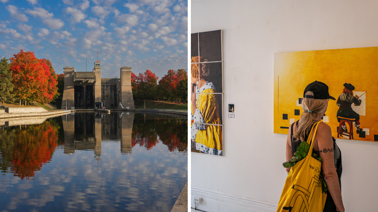 The Peterborough Lift Lock on the Trent-Severn Waterway surrounded by vibrant autumn foliage reflecting in the calm water under a partly cloudy sky., Right: A woman wearing a yellow tote bag and black cap looks at colourful contemporary paintings displayed on the wall of an art gallery.