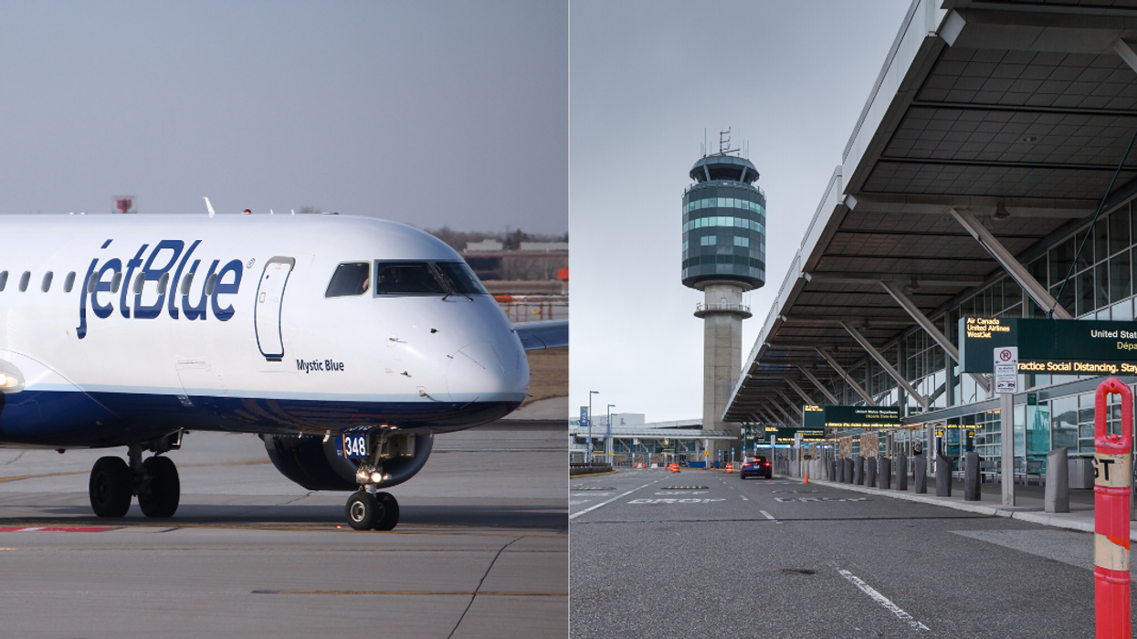 The photo on the left is a JetBlue aircraft and the photo on the right is the doors of the Vancouver International Airport.