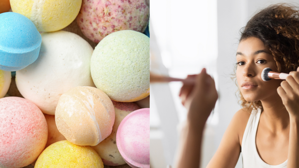 The photo on the left is bath bombs and the photo on the right is a woman putting makeup on with a brush.