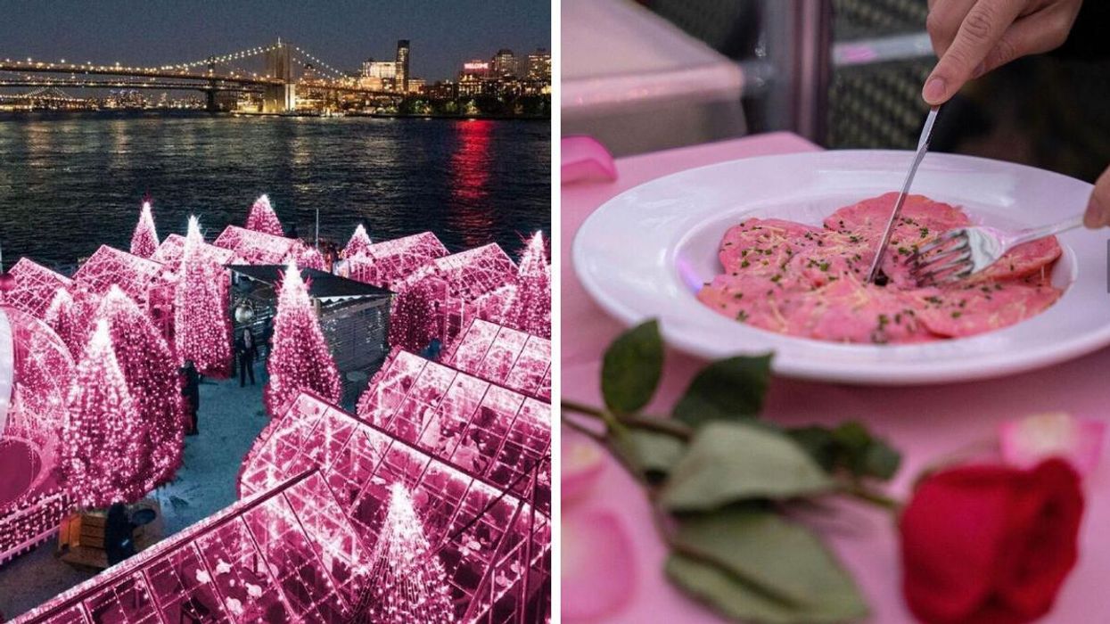 The Pink Pier at Watermark experience at night. Right: A person eating a pink dish at Pink Pier at Watermark in NYC, NY.