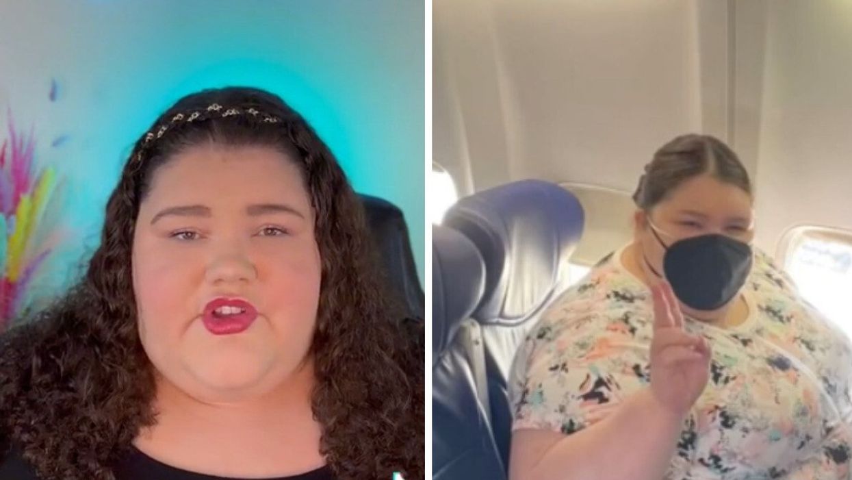 The plus-size influencer in her video explaining the petition. Right: The plus-size influencer sitting on a plane.