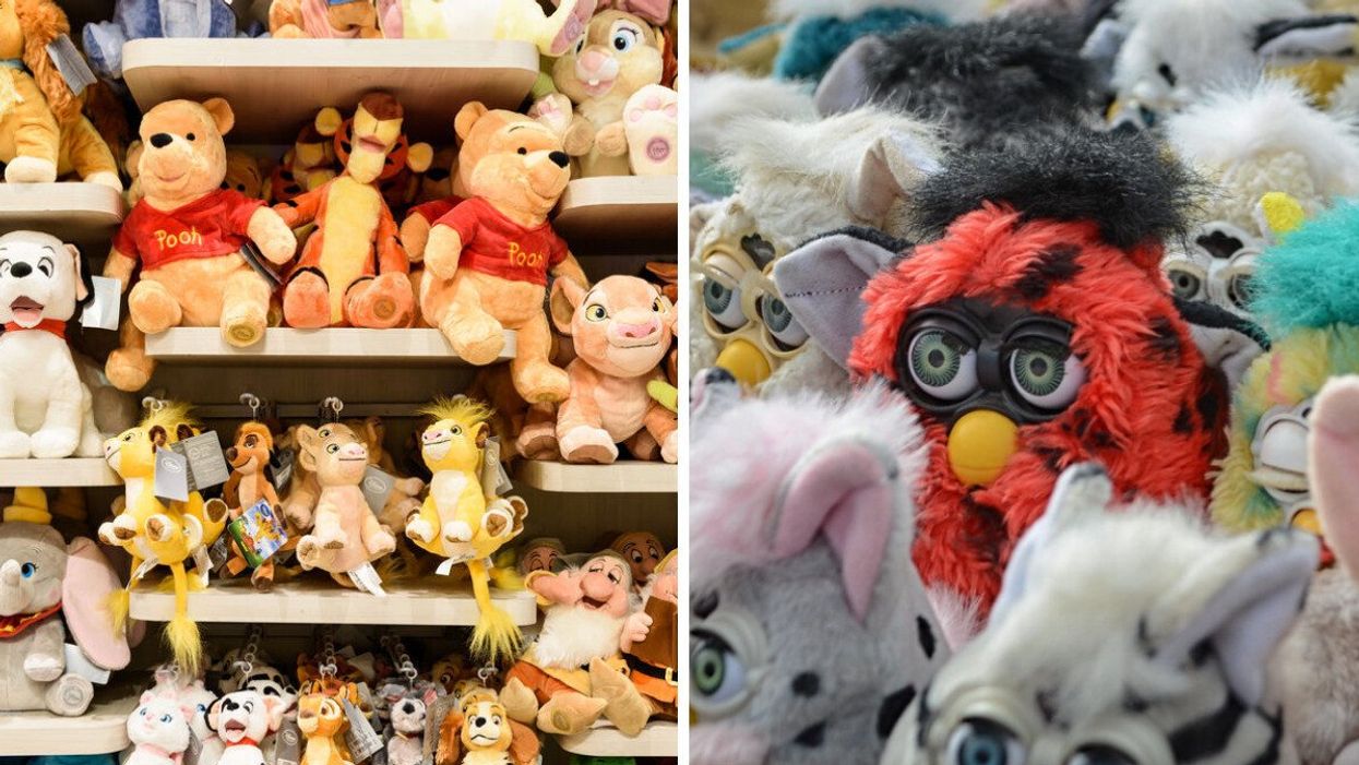 The plush wall at a 2000s Disney Store. Right: A Furby.