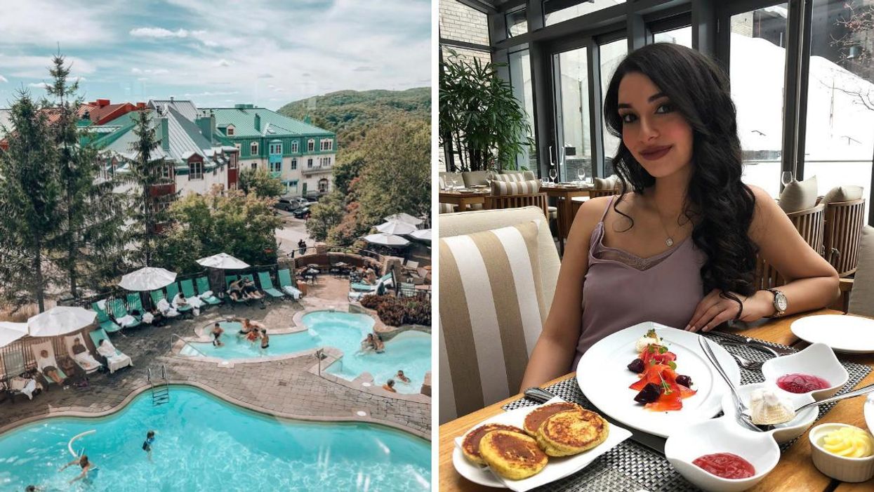 The pool at the Fairmont Tremblant in Quebec. Right: A woman dining at Maison Boulud restaurant.