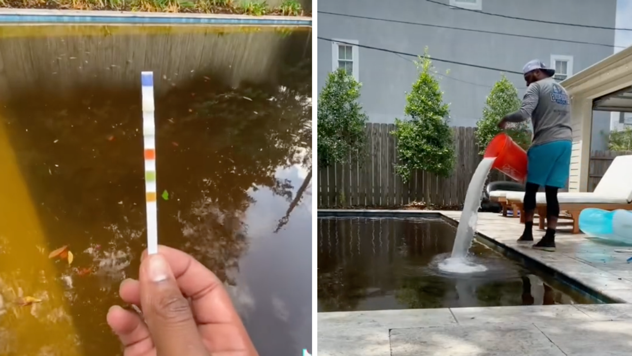 The pool expert cleaning a pool. Right: The pool expert pouring chemicals into the pool.