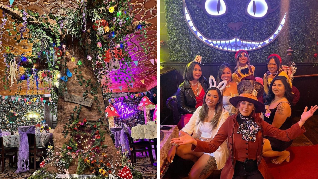 The pop-up 'Alice In Wonderland' event in Milwaukee. Right: People in costume at the Cocktail Experience.