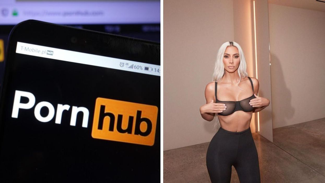 The Pornhub website on a phone screen. Right: Kim Kardashian.