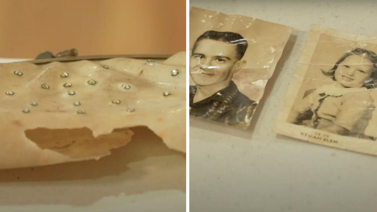 The purse. Right: The family photo's found in the purse.