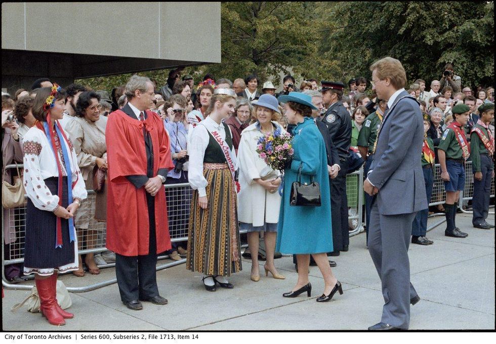 The Queen with Mayor Art Eggleton at Nathan Phillips Square, 1984.