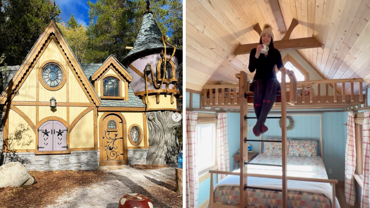 The Rapunzel cottage at Charmed Family Resorts. Right: A guest inside one of the cottages.