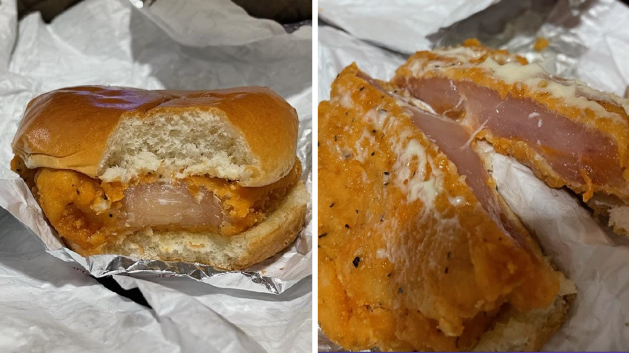 The raw chicken bitten into. Right: The raw chicken cut in half.