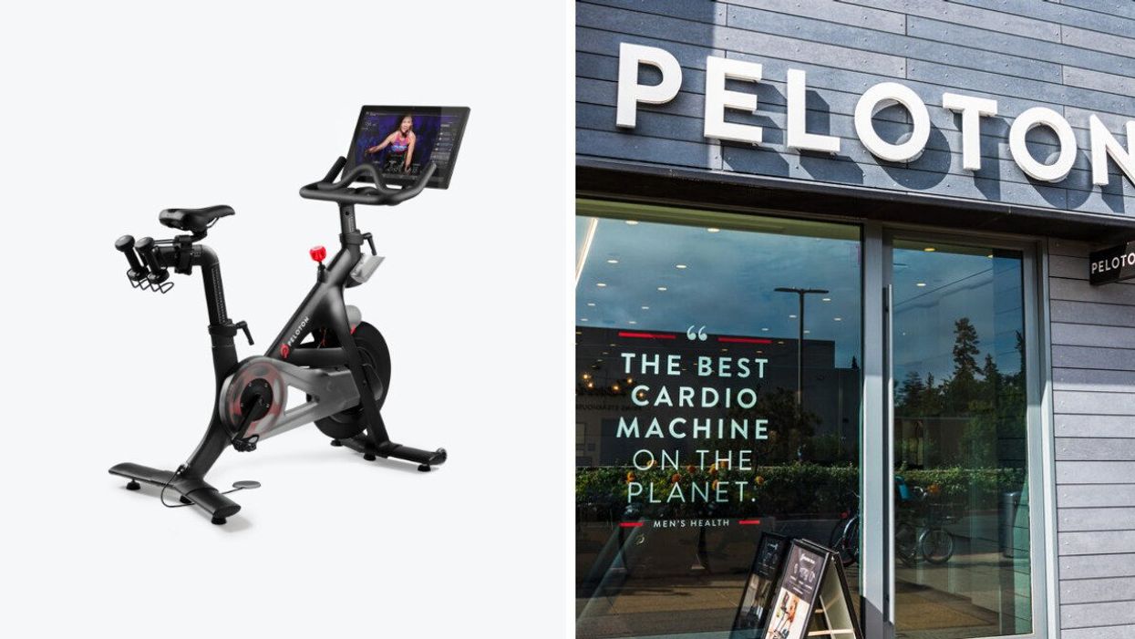 The recalled Peloton bike. Right: A Peloton store.