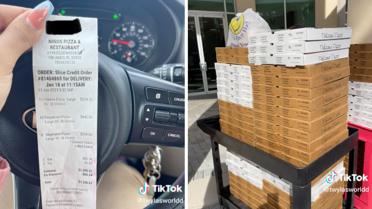 The receipt for the pizza place. Right: The 83 pizza boxes ordered.