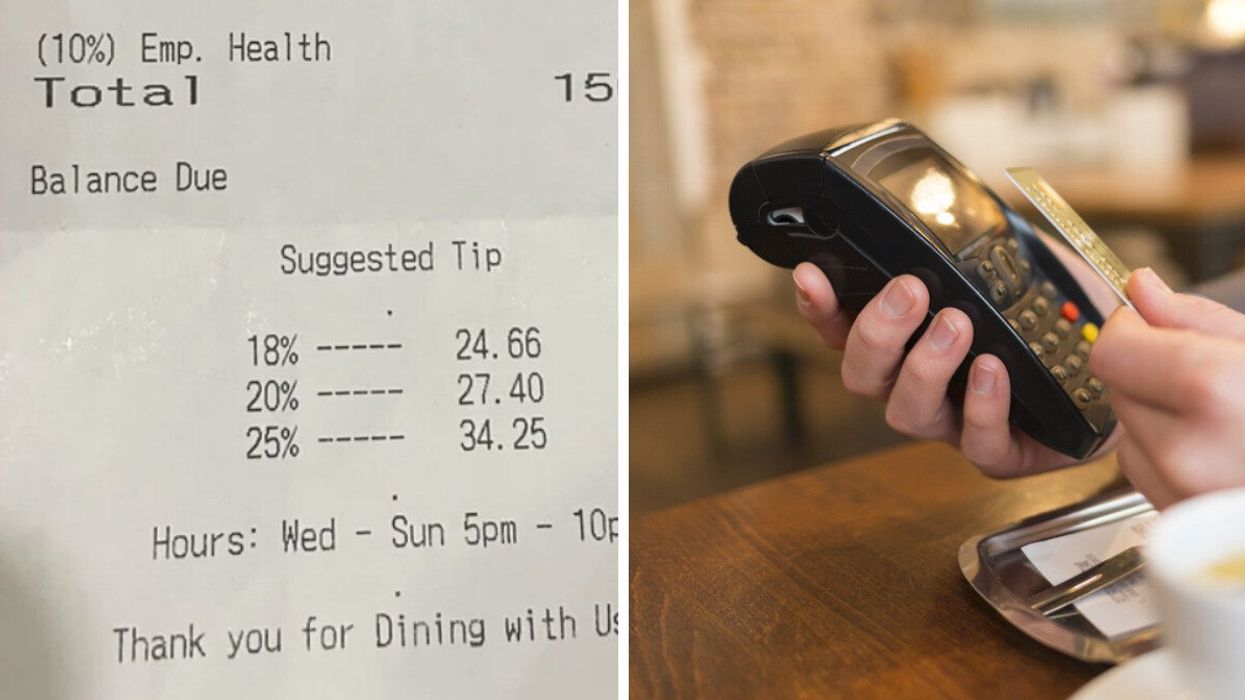 The reciept posted by the Reddit user. Right: A person paying their bill at a restaurant.