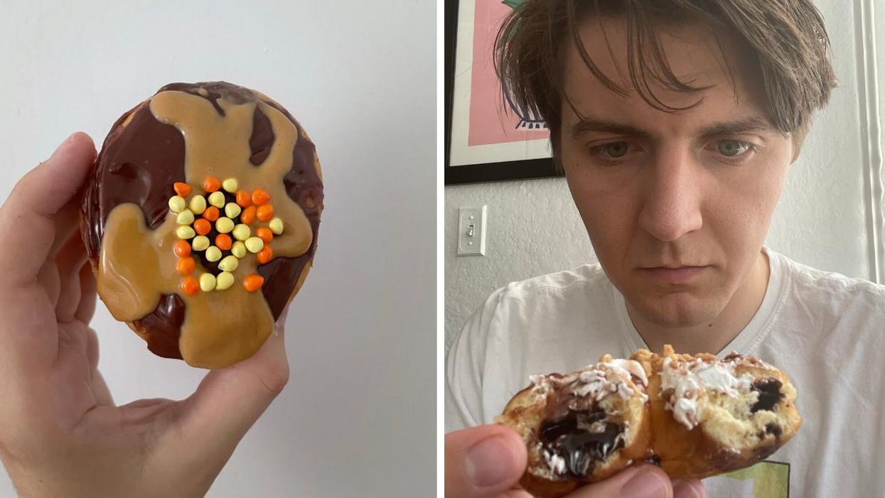 The Reese's Peanutbutter Cheesecake Dream Donut. Right: Tristan staring down the S'mores Dream Donut.