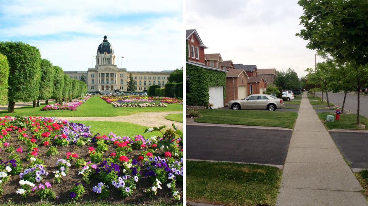 The Regina Legislative assembly. Right: A residential street in Winnipeg.