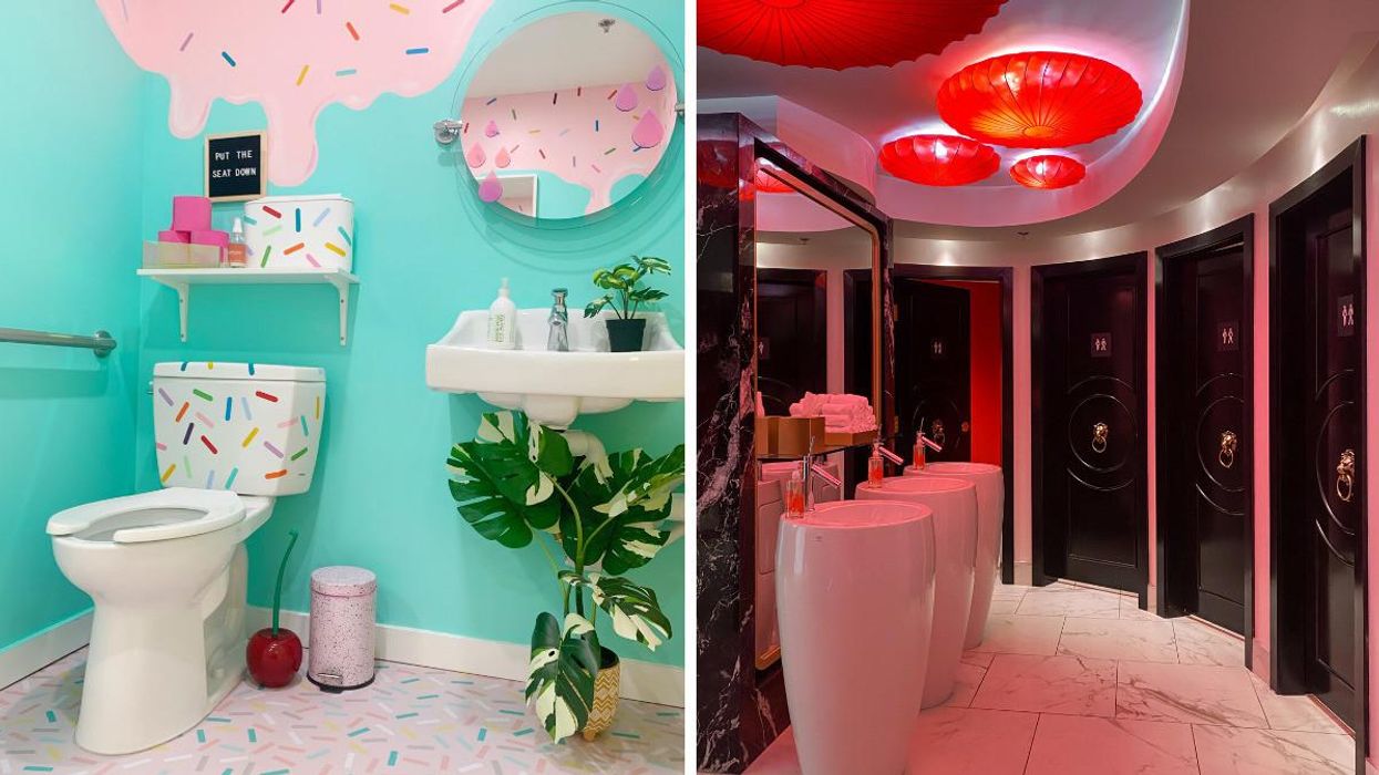 The restroom at Majesty and Friends. Right: A restroom at the Versante Hotel.