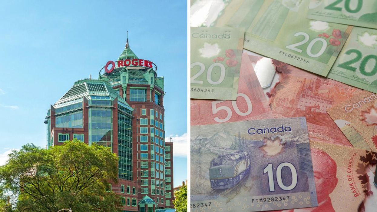 The Rogers Canada headquarters. Right: A pile of Canadian money.