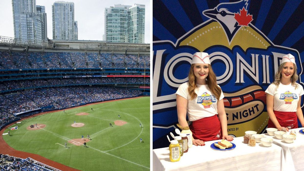 The Rogers Centre in Toronto. Right: Servers during Loonie Dog Night.