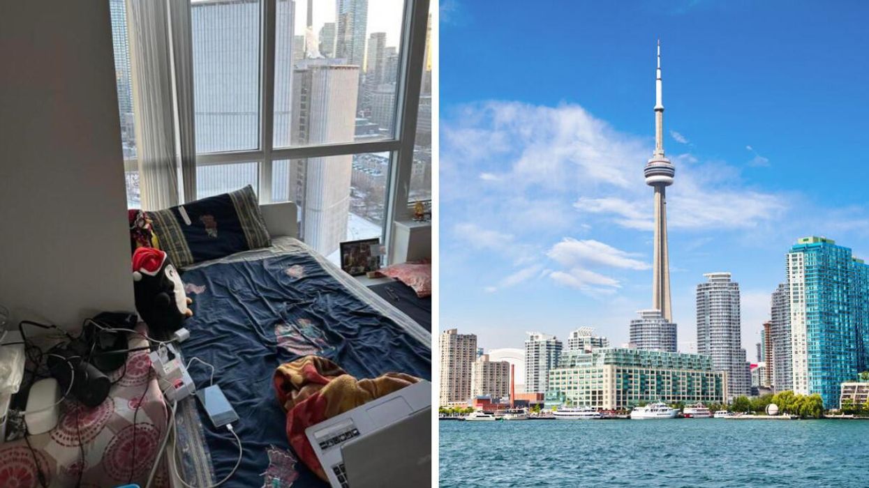 The room being described as "tiny." Right: Toronto skyline.