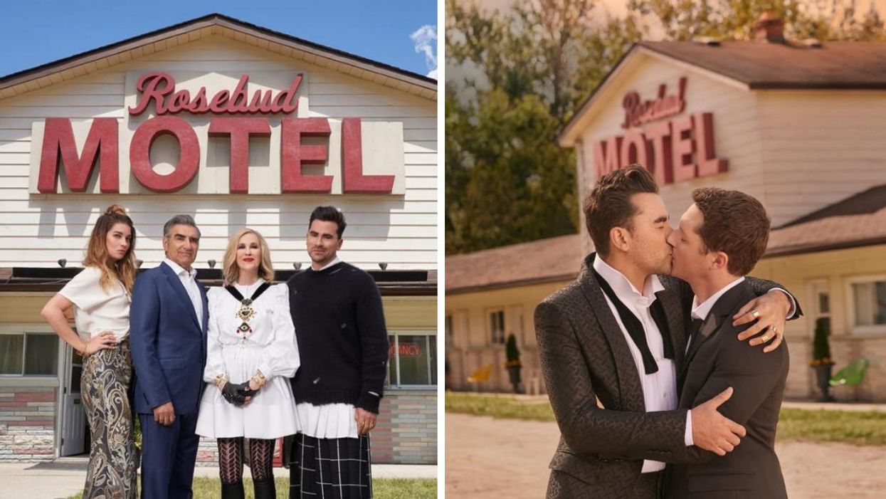 The Rose family in front of the Rosebud Motel. Right: David and Patrick kissing.