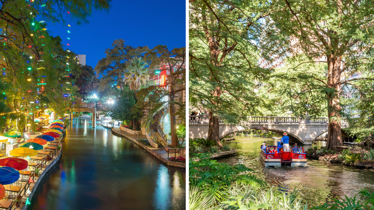 The San Antonio River Walk at night. Right: A river cruise traveling down the San Antonio River Walk.