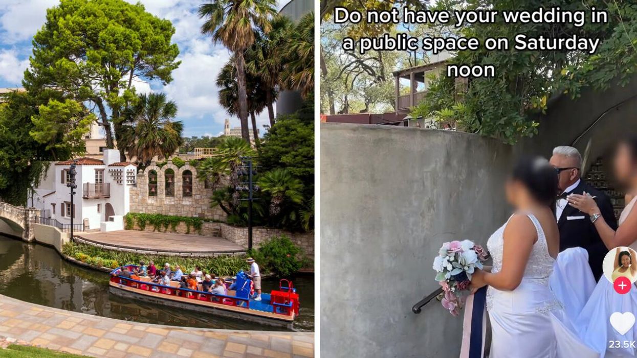 The San Antonio River Walk in Texas. Right: A bride about to walk to the altar in San Antonio, TX.
