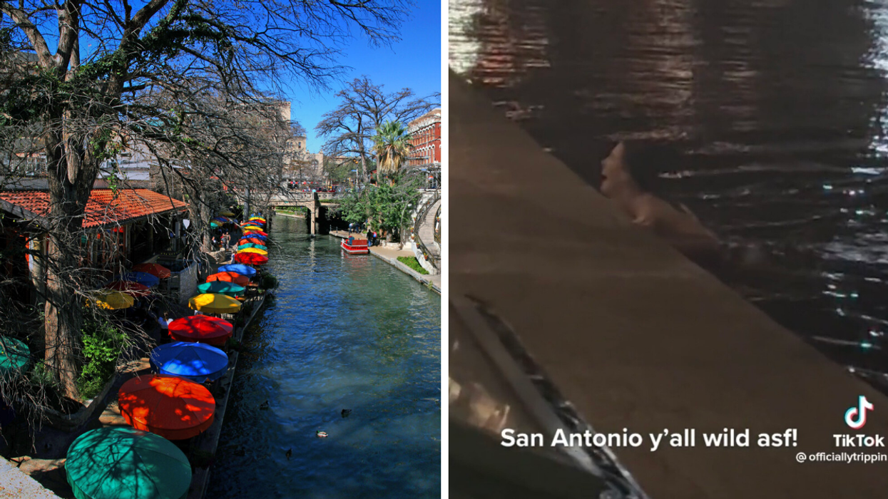 The San Antonio River Walk. Right: A person swimming in the River Walk.