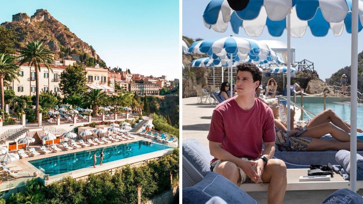 The San Domenico Palace in Taormina, Sicily. Right: A scene from White Lotus season 2.